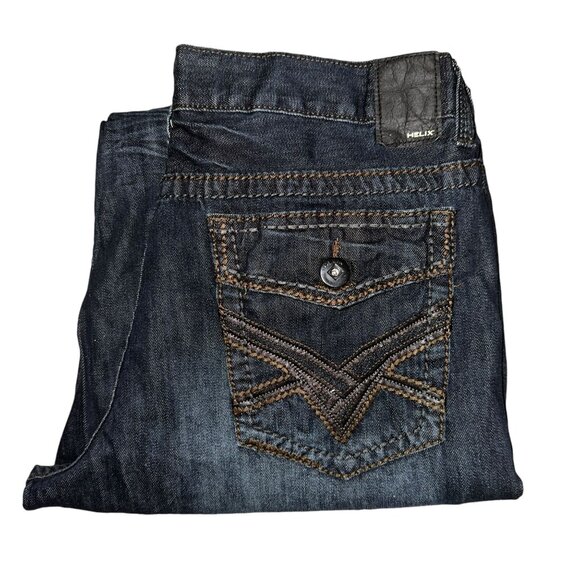 Helix Straight Leg Loose Jeans Mens 34 33 Dark Wash Logo Denim Embroidered - Picture 1 of 8